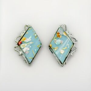 Vintage PAM Blue Confetti Lucite Earrings Clip On Signed Mid Century 1950s
